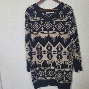 Woolrich Napa Long Sweater Tunic Womens M V-Neck Knit Tribal Cotton Pullover